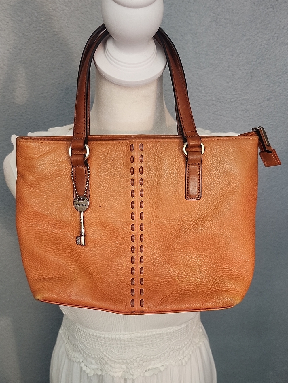 Fossil Orange Leather Tote with Key Charm